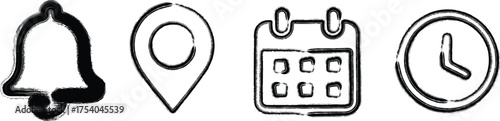 Hand-drawn notification, location, calendar, and time icons with a rough brush stroke effect