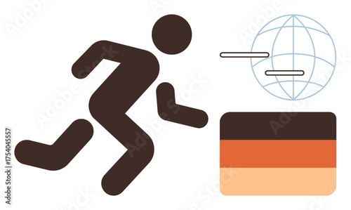 Simplified figure running toward a globe with flying lines and a striped horizontal object. Ideal for speed, global connectivity, digital payment, innovation, teamwork, mobility, growth. Simple flat
