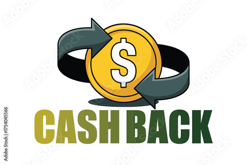 Vector art of cash back concept illustration of a coin with arrows, representing the return of money after a purchase or transaction on transparent background