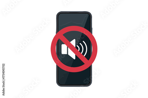 Vector art of a broken smartphone with a no sound sign, indicating the phone is damaged and the sound is not working, symbolizing technology issues on transparent background