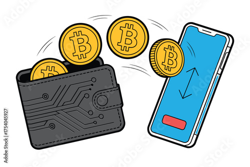 Vector art of bitcoin transfer from wallet to smartphone concept of cryptocurrency, digital money, online payment, finance, transaction, exchange, banking on transparent background
