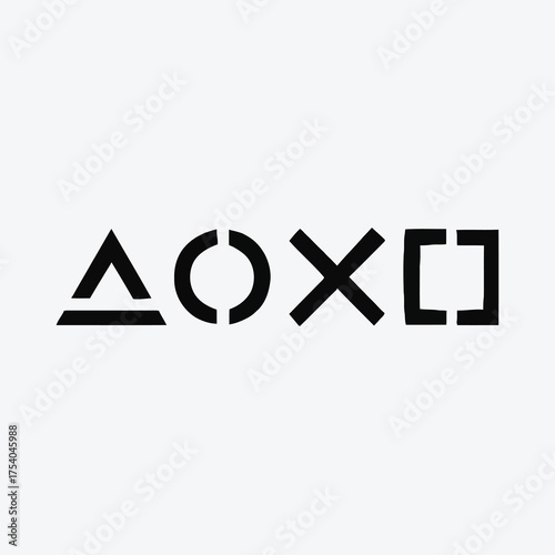 Minimalist black and white vector illustration of four abstract geometric icons for digital entertainment and interactive media