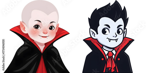 Cute vampire kid vector with black cloak and red collar
