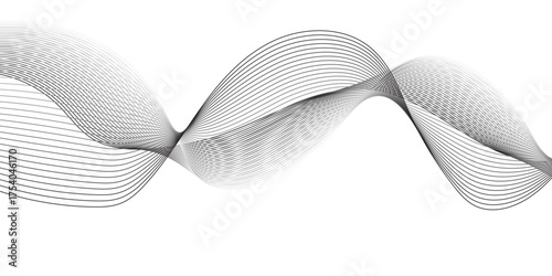 Abstract black and white wave line pattern on white background, smooth flowing curve with dotted mesh texture, modern minimal design concept for technology, sound wave, or digital background.