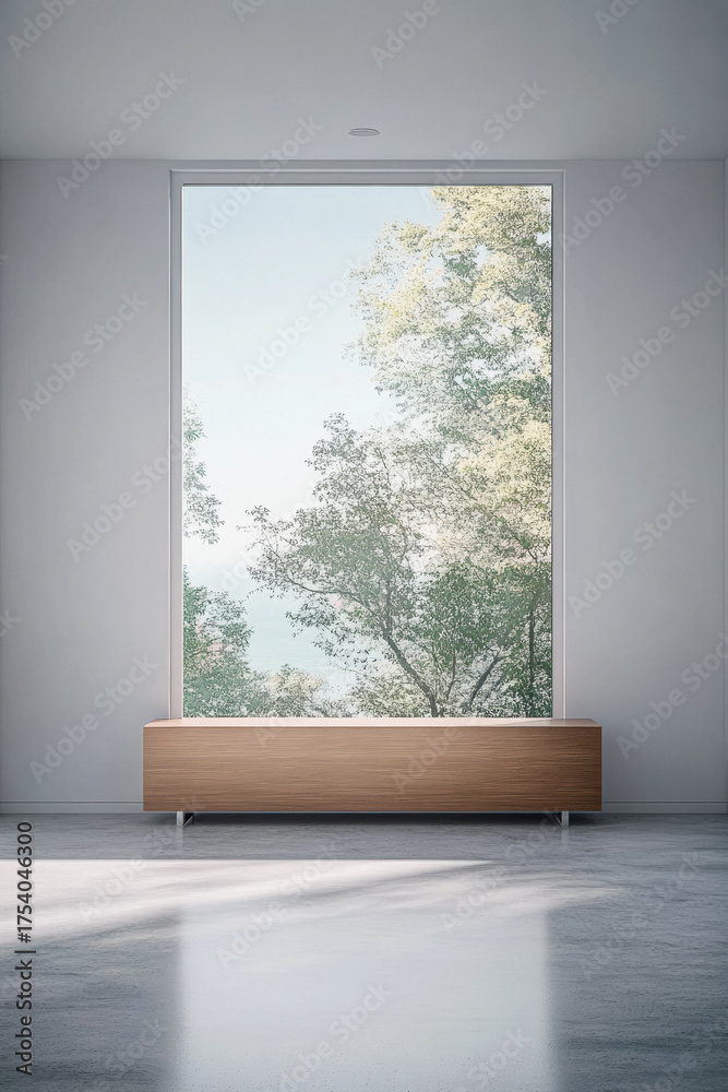 Fototapeta premium Modern interior featuring large window with a view of trees and natural light in a tranquil setting