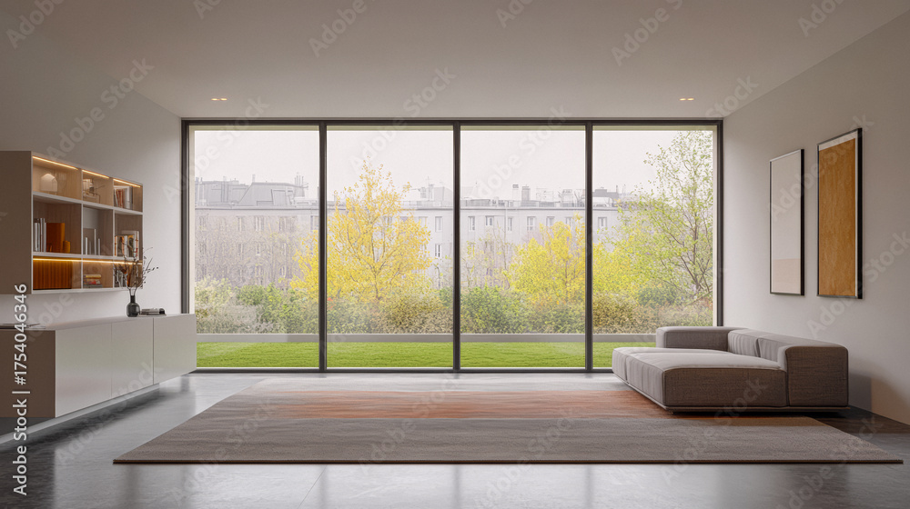 Fototapeta premium Minimalist living room showcases expansive windows overlooking autumn foliage in a modern urban setting