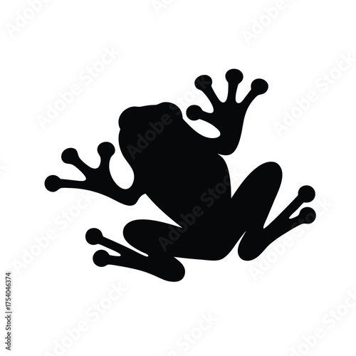 Silhouette of a tree frog clinging, black shape on white background