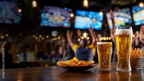 Sports bar scene with basketball game on TV screens, fans cheering with beer and snacks, glossy advertising style, text overlay 