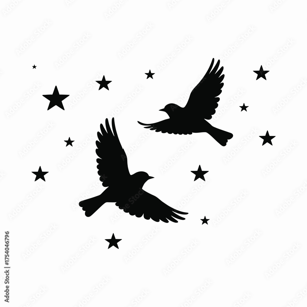 Fototapeta premium Two Silhouetted Birds in Flight Amidst a Starry Sky — Minimalist Nighttime Scene Evoking Freedom, Wonder, and Celestial Beauty for Art and Design