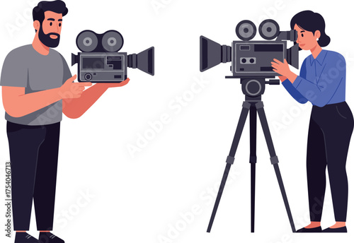 Filmmakers with vintage cameras, movie production scene, tripod setup, handheld filming, creative professionals, media arts, cad drawing flat vector illustration