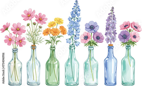 Flower bottles, glass vase arrangement, wildflowers, cosmos, marigold, delphinium, anemone, decor, botanical, colorful, spring, summer