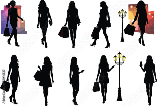 Fashion silhouettes, shopping women, urban lifestyle, mobile phone, high heels, street lamps, stylish pose, retail, city