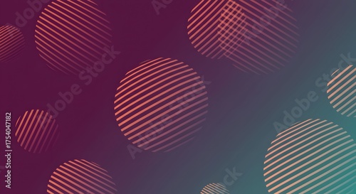 Abstract background of floating, lined orange spheres on a dark purple to teal gradient