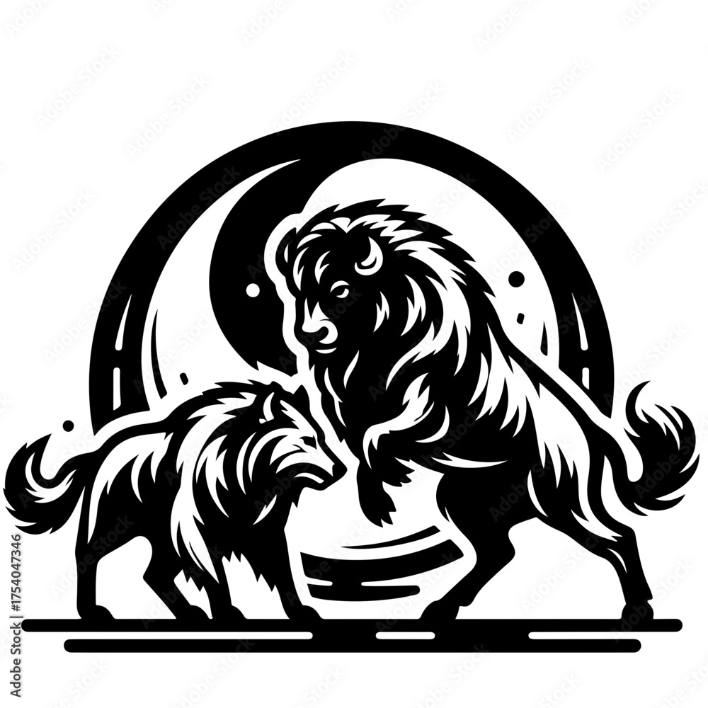 Fototapeta premium Illustration of a wolf and a buffalo in a stylized black and white design with a circular background element