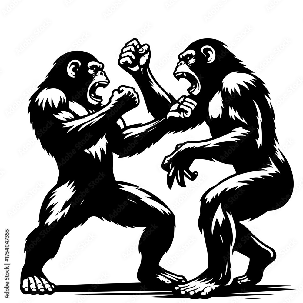 Fototapeta premium Two chimpanzees in a fierce confrontation with fists raised and mouths open in aggressive display of power