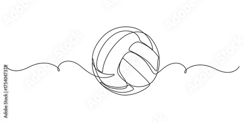 Continuous Line Drawing of a Volleyball, Volleyball one line art Vector illustration,Continuous line drawing of beach ball.