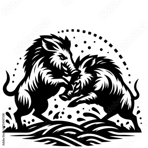 Two boars clashing in a stylized black and white illustration with water and dotted arc design element