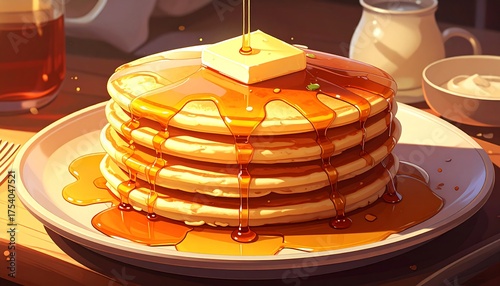 Stack of pancakes with melted butter and syrup drizzled