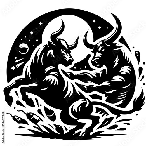 Two bulls facing each other in a stylized design with moon and stars in the background in black and white