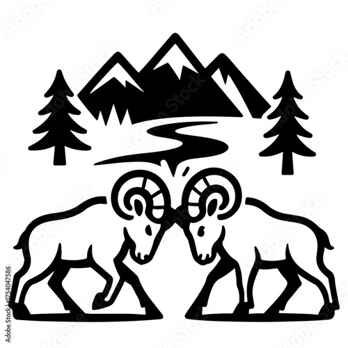 Illustration of two rams butting heads with mountains and trees in the background in black and white