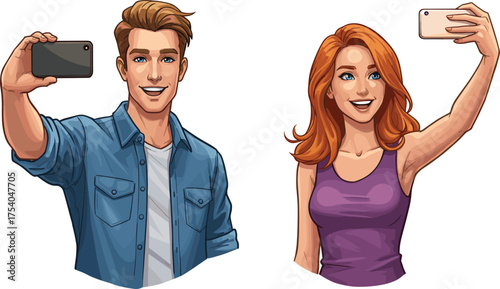 Selfie moment, smartphone pose, smiling characters, denim shirt, purple top, lifestyle, youth, expression, social media, fun