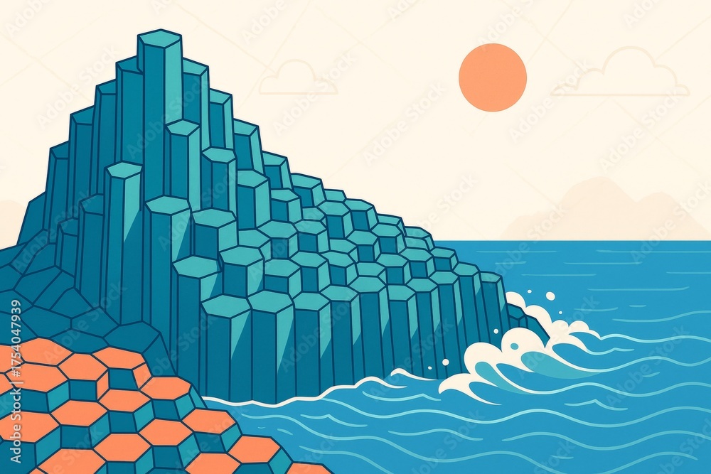 Obraz premium Geometric basalt rock formations by ocean waves under sun with light sky and mountain background in stylized nature landscape concept artwork. Ai generative