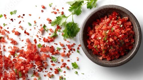 Freshly diced tomato and cilantro salsa in rustic ceramic bowl with abundant chopped ingredients and vibrant colors on white background, topdown shot with empty space for text