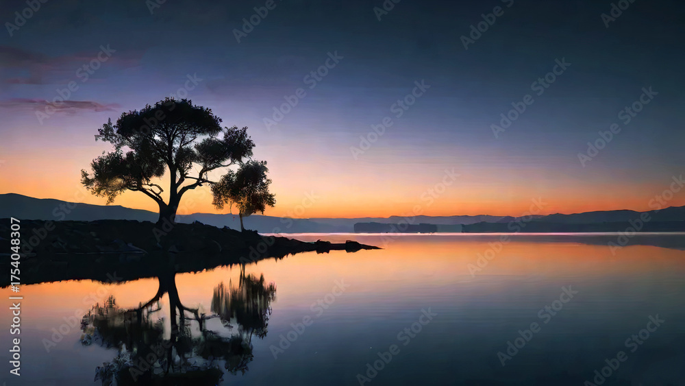 Obraz premium Silhouette of a tree reflected in calm water during a vibrant sunset with distant mountains view