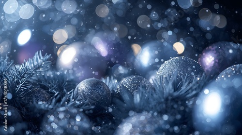 Dramatic Photorealistic Luxury Christmas Composition of Deep Blue Ornaments and Icy Pine Needles with Intense Bokeh Lights