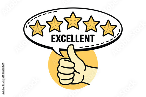 A thumbsup gesture with a speech bubble displaying five stars and the word excellent, on transparent background