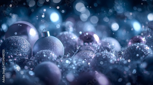 Close-Up Photorealistic Luxury Christmas Ornaments with Textured Blue Silver Glitter and Icy Winter Atmosphere