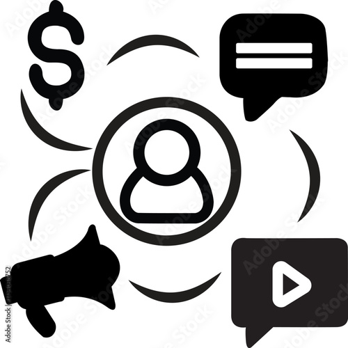 Digital marketing process flow diagram with icons Customer Engagement and Marketing Ecosystem