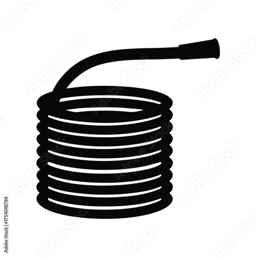 Black and white vector drawing of a coiled water hose with nozzle