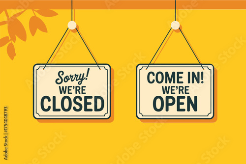 Open and closed signs, indicating business hours and availability, welcoming customers or signaling temporary closure on transparent background