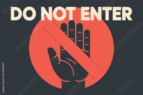 A bold and graphic do not enter sign with a hand in a red circle with a line through it, warning against entry on transparent background