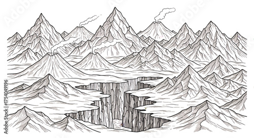 Hand drawn mountain range with a deep canyon and smoking volcanoes.