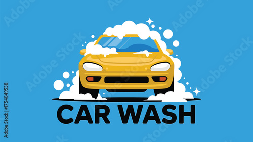 Car wash vector illustration featuring a yellow car covered in soap bubbles on a blue background, perfect for advertising car cleaning services on transparent background