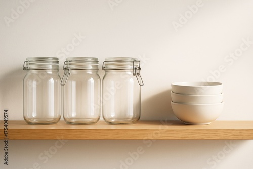 Three glass jars and stacked ceramic bowls on wooden kitchen shelf against cream wall in minimal interior light background style concept. Ai generative