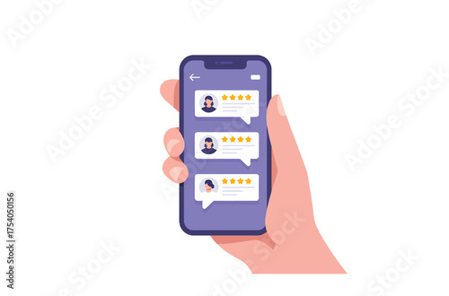 Hand holding a smartphone with customer review and rating concept of feedback, testimonial, and online reputation on transparent background