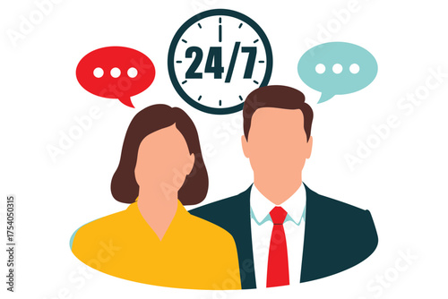 247 customer support service, representing roundtheclock assistance with male and female avatars and speech bubbles on transparent background