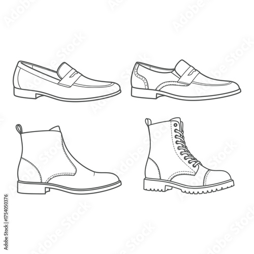 Four types of men s footwear silhouette isolated on white background