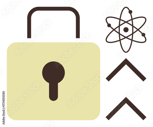 Padlock symbolizing security, atomic model for knowledge, and arrows pointing upward for progress. Ideal for technology, science, data protection, education, innovation success and strategy. A