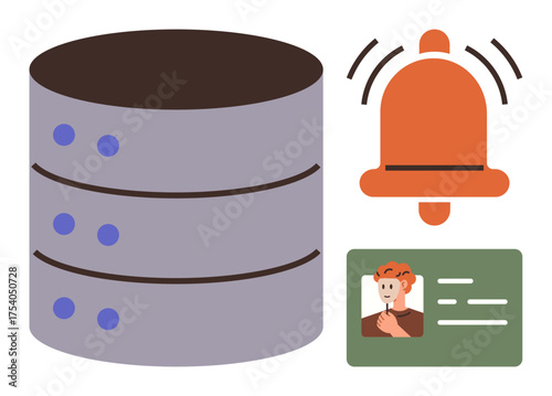 Stack of server disks, alert notification bell, and user profile ID card suggesting digital identity, data management, email alerts, notifications, cybersecurity, IT support and web services. Ideal