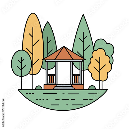 A thin line art vector illustration featuring a park gazebo or pavilion surrounded by various trees. The design uses a flat style with a gentle, soft color palette suggestive of autumn or spring