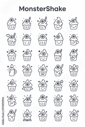 A collection of 35 unique monster-themed cupcake illustrations, each with a single eye and various spooky or cute embellishments.