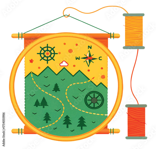 Embroidery art of a scenic mountain range with evergreen trees, compass, and winding path for textile crafts, hobby projects, and creative design inspiration
