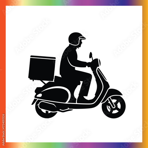 Delivery man silhouette vector illustration riding a scooter or moped with a rear delivery box, fast food, parcel, or courier service concept graphic for apps and websites.