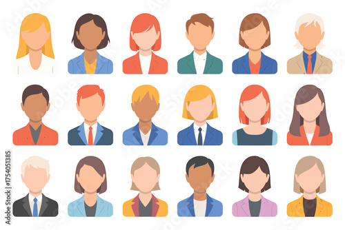 Diverse group of people avatars in a flat design style, representing a variety of professions, ethnicities, and genders, on transparent background