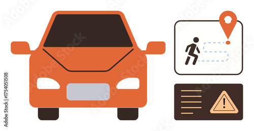 Orange car with interactive map displaying pedestrian alert, location pin, and warning symbols. Ideal for transportation, safety, innovation, technology, mobility navigation and AI concepts. Simple