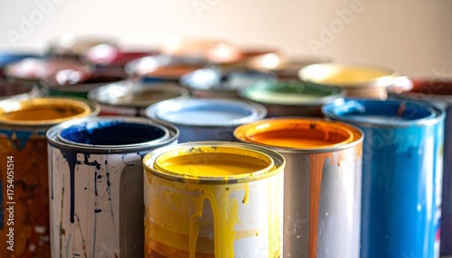Colorful Open Paint Cans with Drips